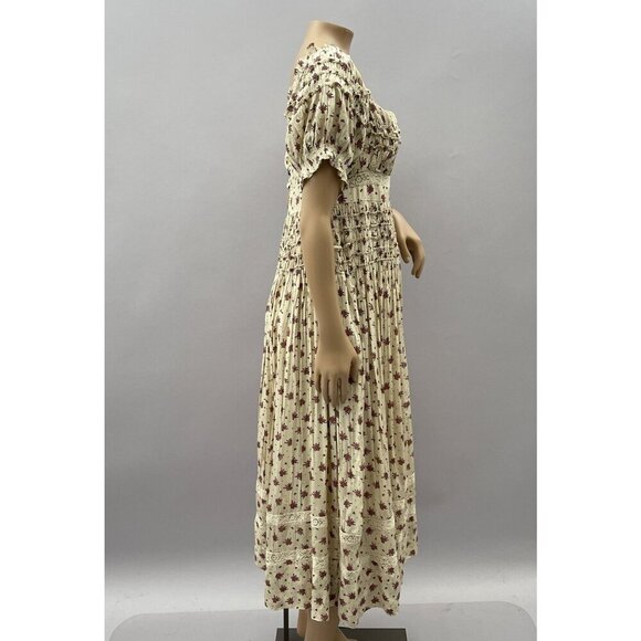Free People Bali Juniper Smocked Floral Midi Dress Puff Sleeves Neutral Women 10 - Picture 6 of 16